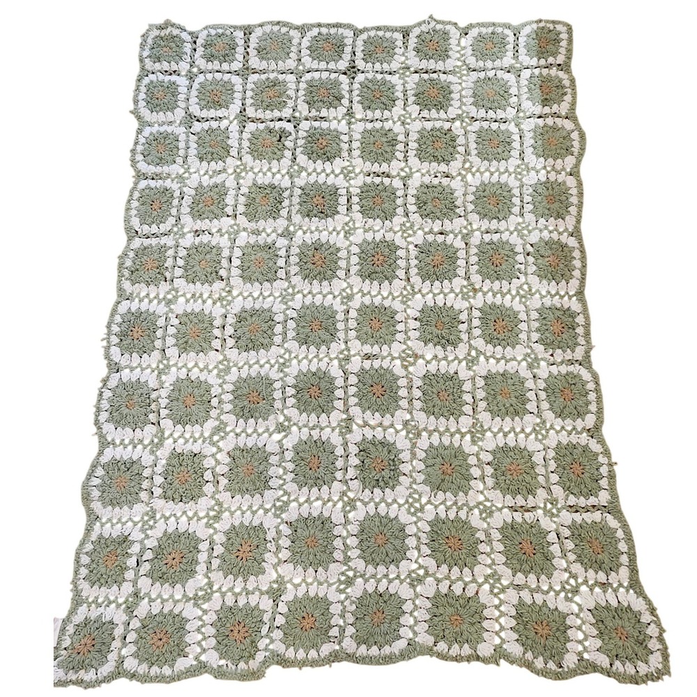 Shabby Chic Sage Green Cream Granny Square Crochet Throw Blanket RN106002 India